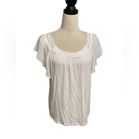 AGB White Blouse w/Sheer Flutter Sleeves & Silver Bejeweled Neckline (Size: Med) - Picture 2 of 12